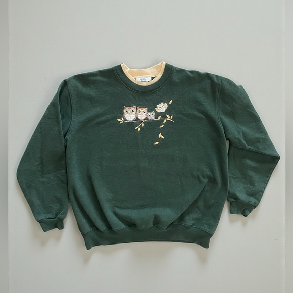 Country Store Owl Embroidered Sweatshirt Forest Green XL Cottagecore - Picture 2 of 5